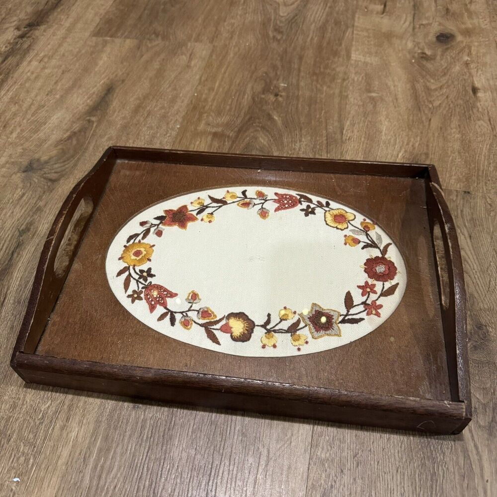 VTG Handmade Embroidery Wooden Glass Serving Tray Creative Circle Autumn #1936